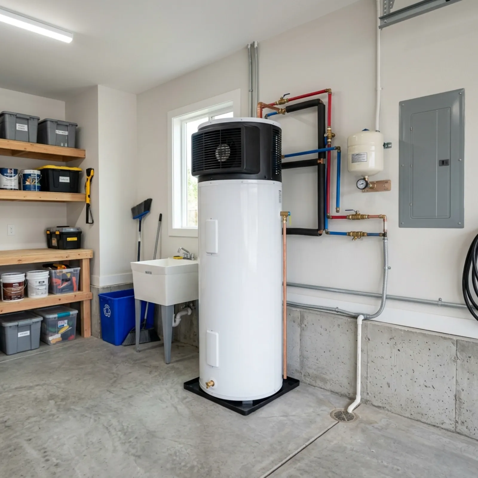 Heat pump water heater with fan unit installed in a residential garage with expansion tank and electrical panel