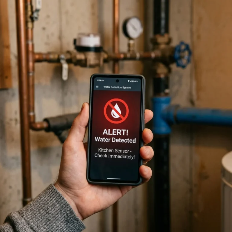 Smartphone showing water leak detection alert notification with residential plumbing pipes in background
