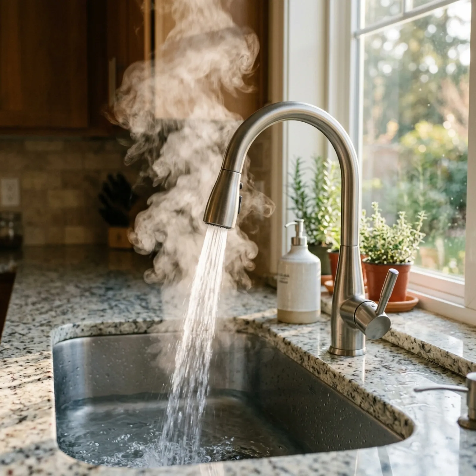 Kitchen faucet with steam rising from instant hot water demonstrating the benefit of a recirculation system